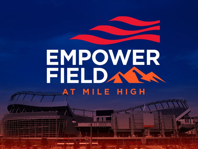 Banner of Empower Field at Mile High at the top of a stadium model