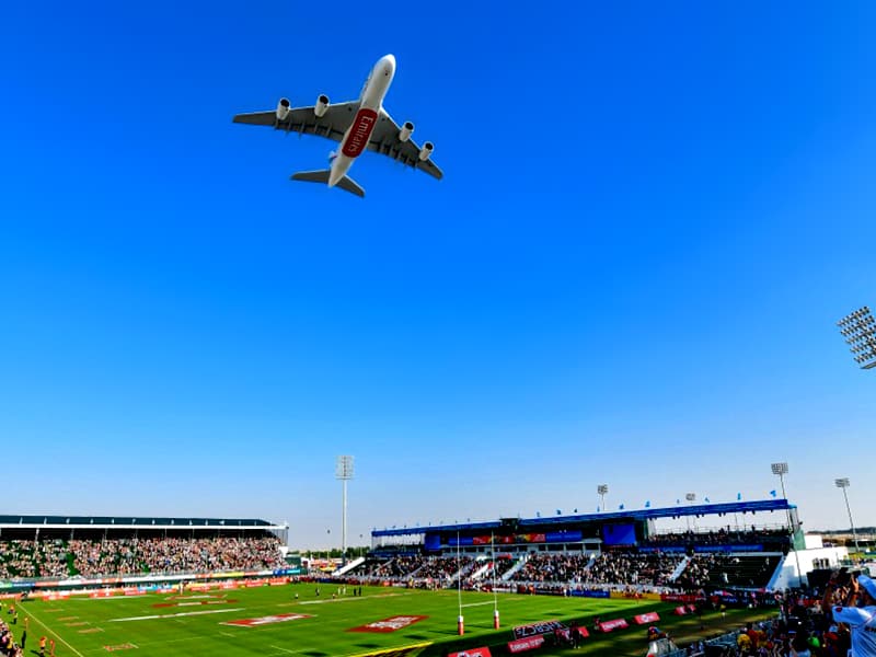 Emirates A380 soars over the Sevens Stadium