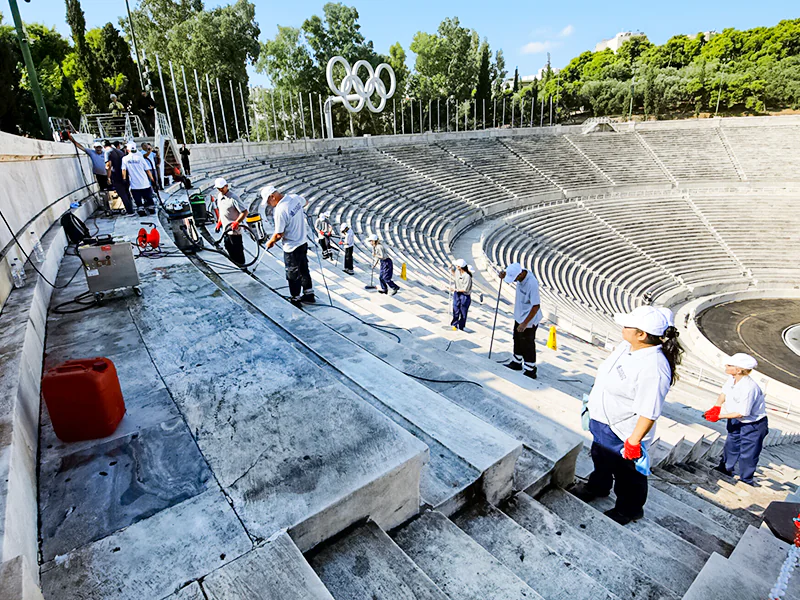 Marble cleaning and conservation works begin at the Panathenaic Stadium